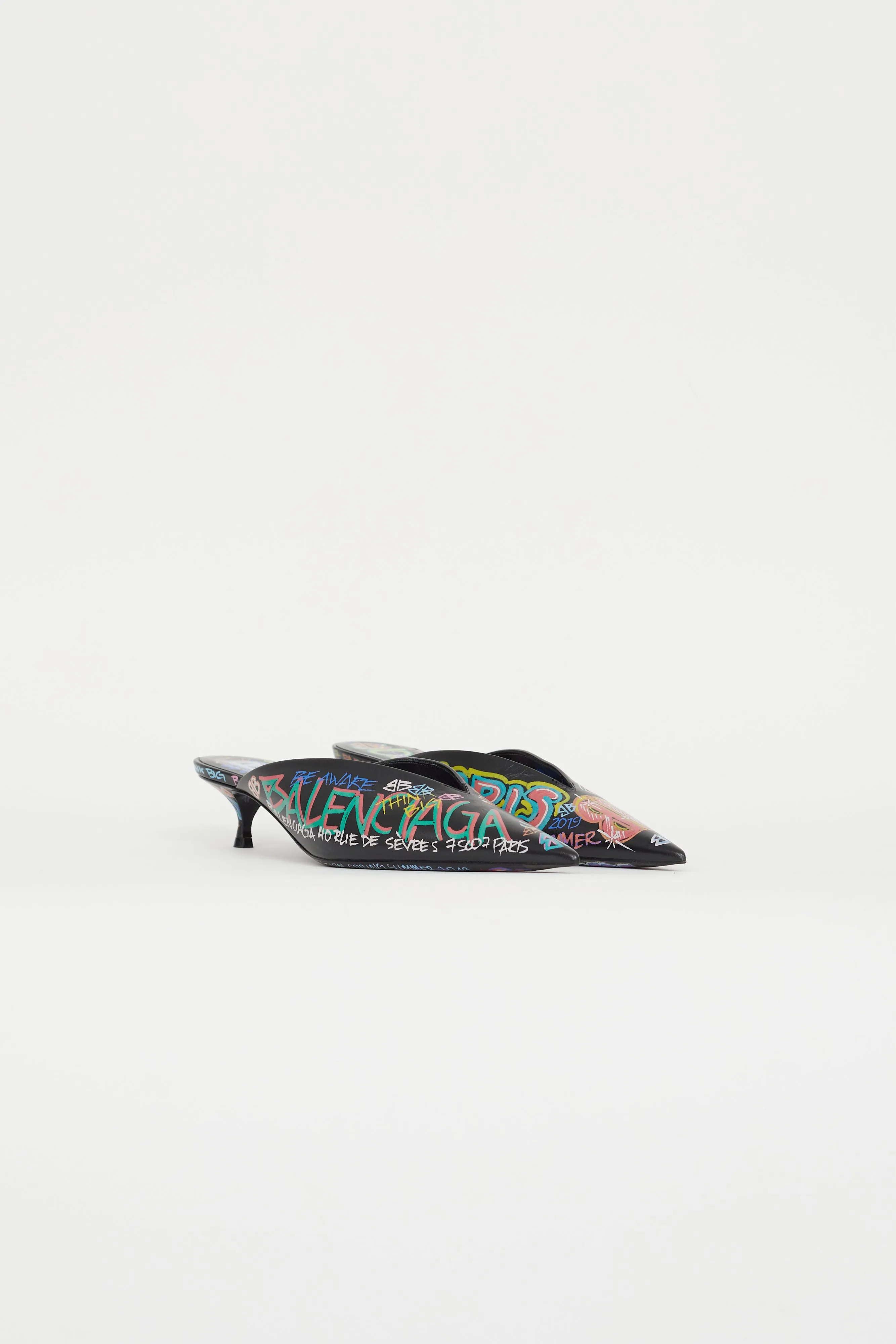 Black & Multicolor Graffiti Print Knife Heel Mule