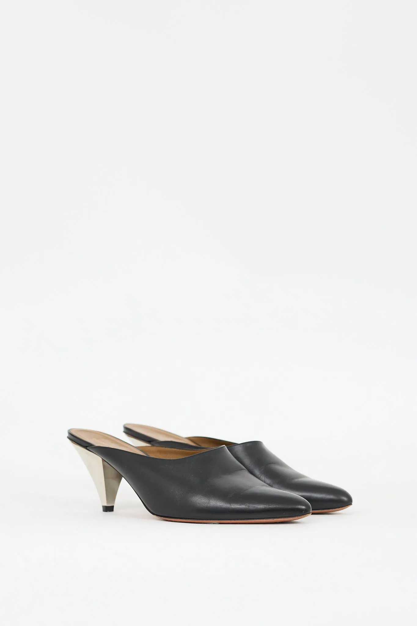 Black & Silver Leather Pointed Toe Mule