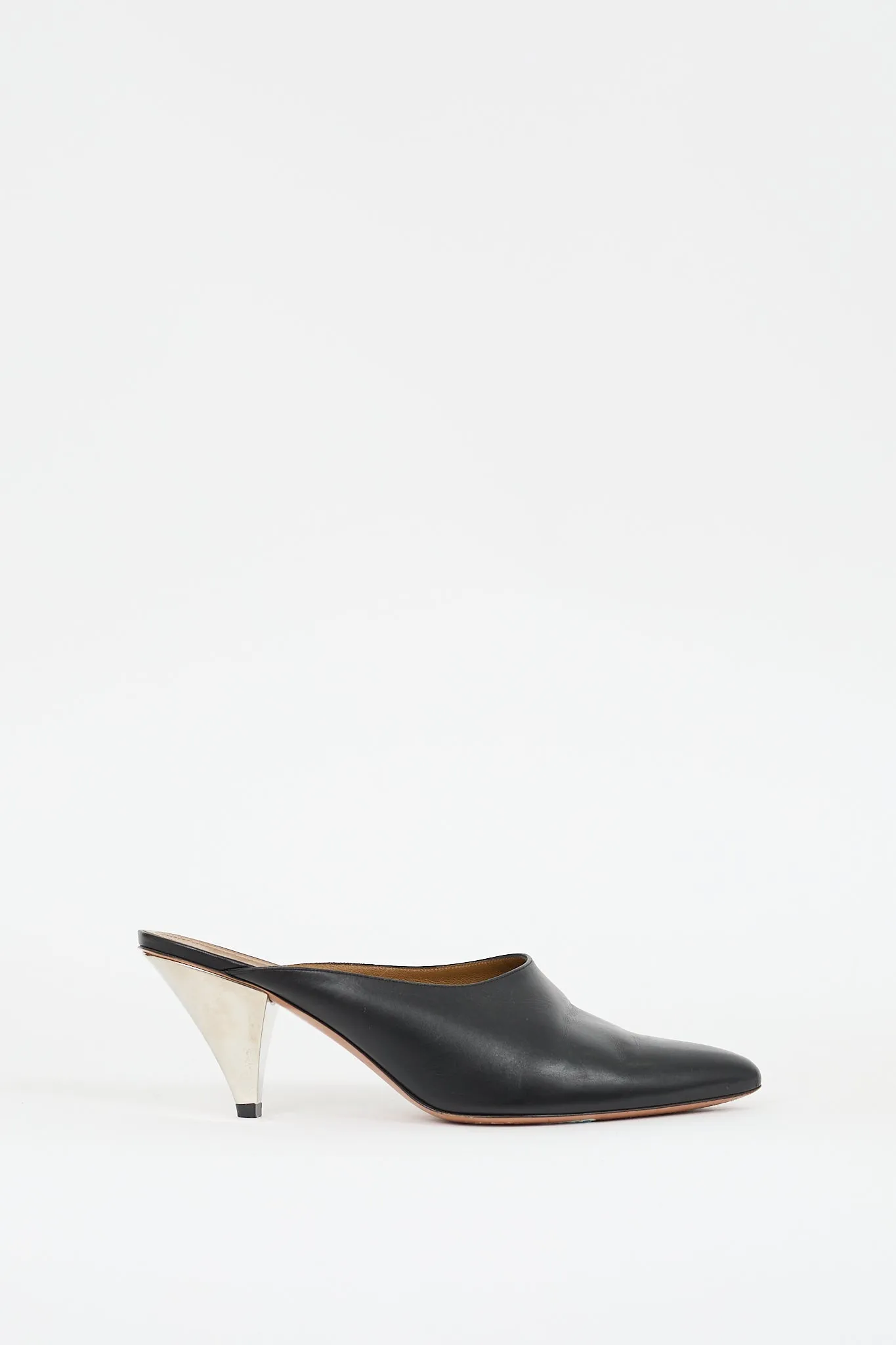 Black & Silver Leather Pointed Toe Mule