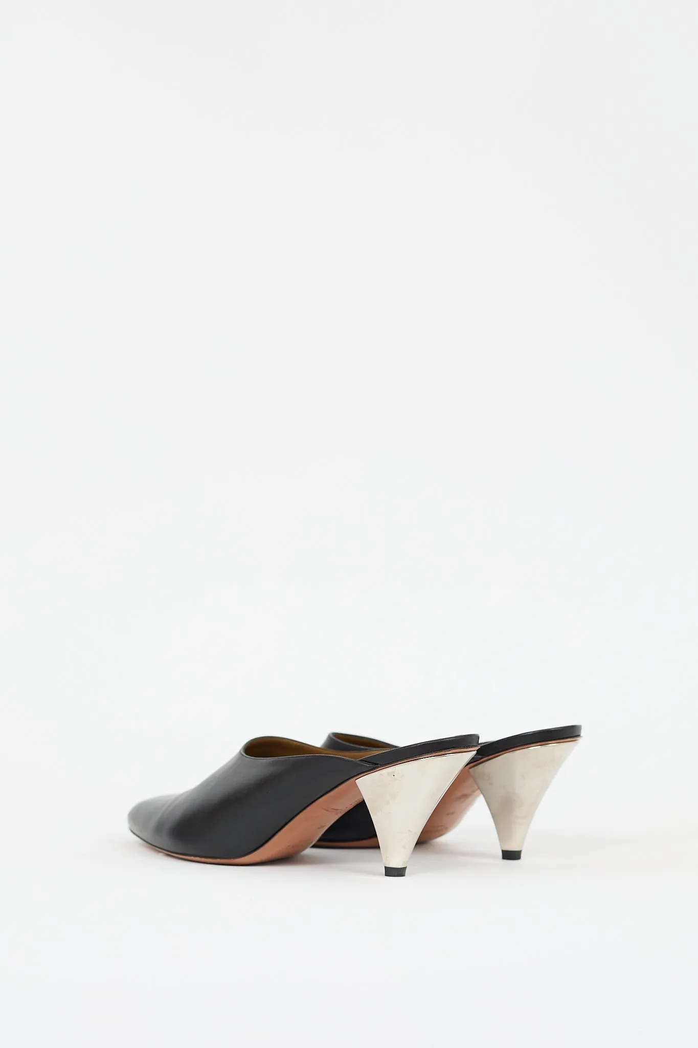 Black & Silver Leather Pointed Toe Mule