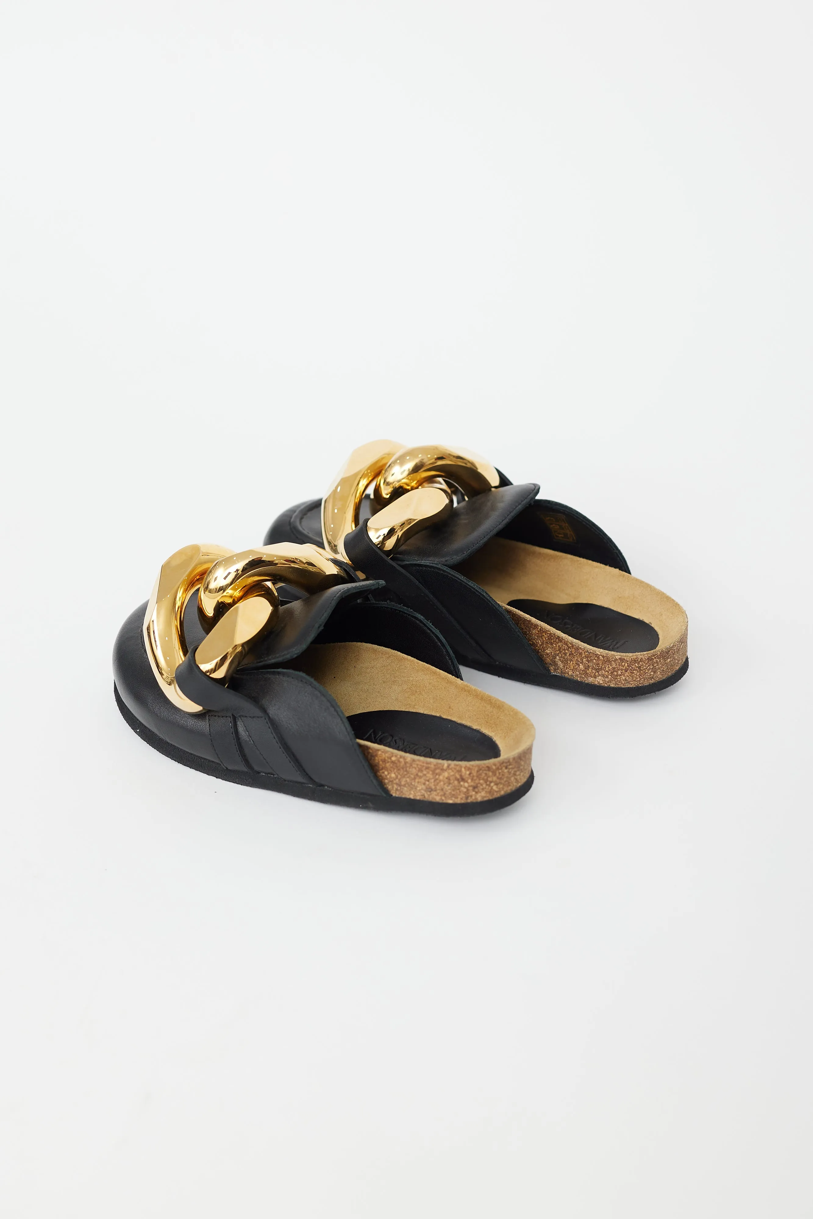 Black Leather & Gold Chain Mule