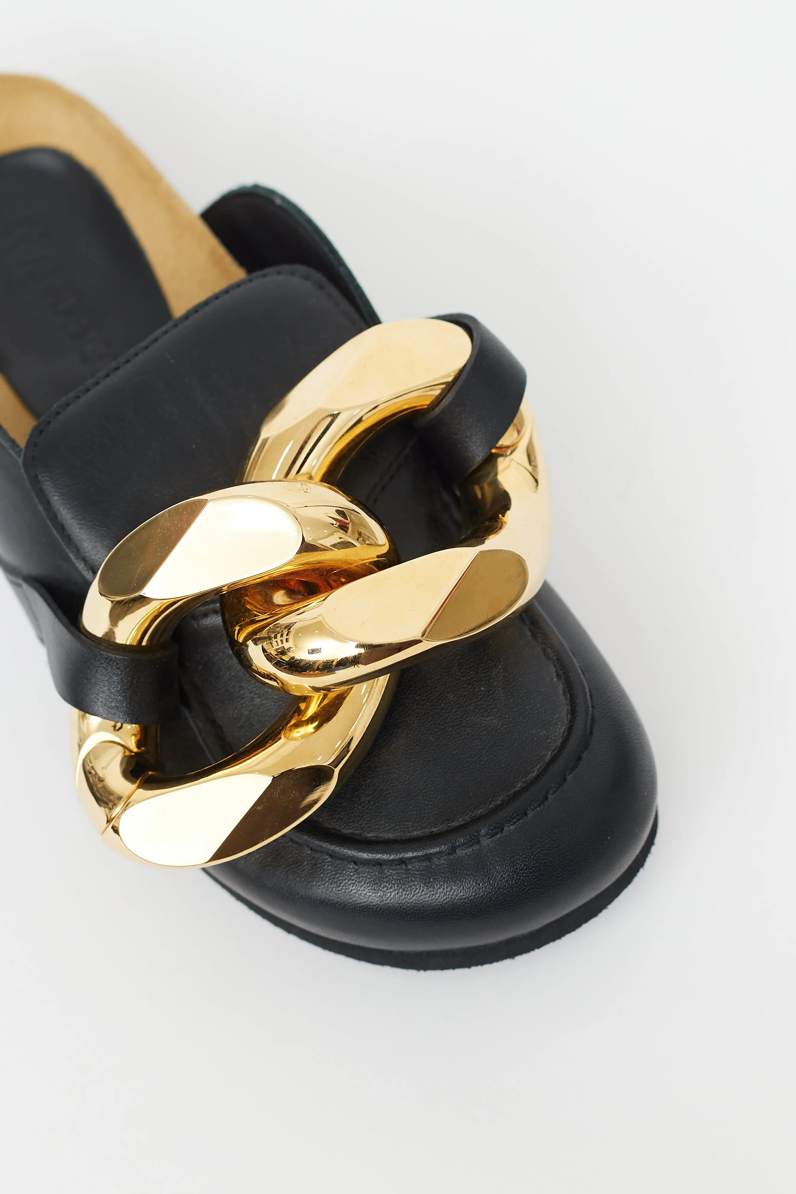 Black Leather & Gold Chain Mule