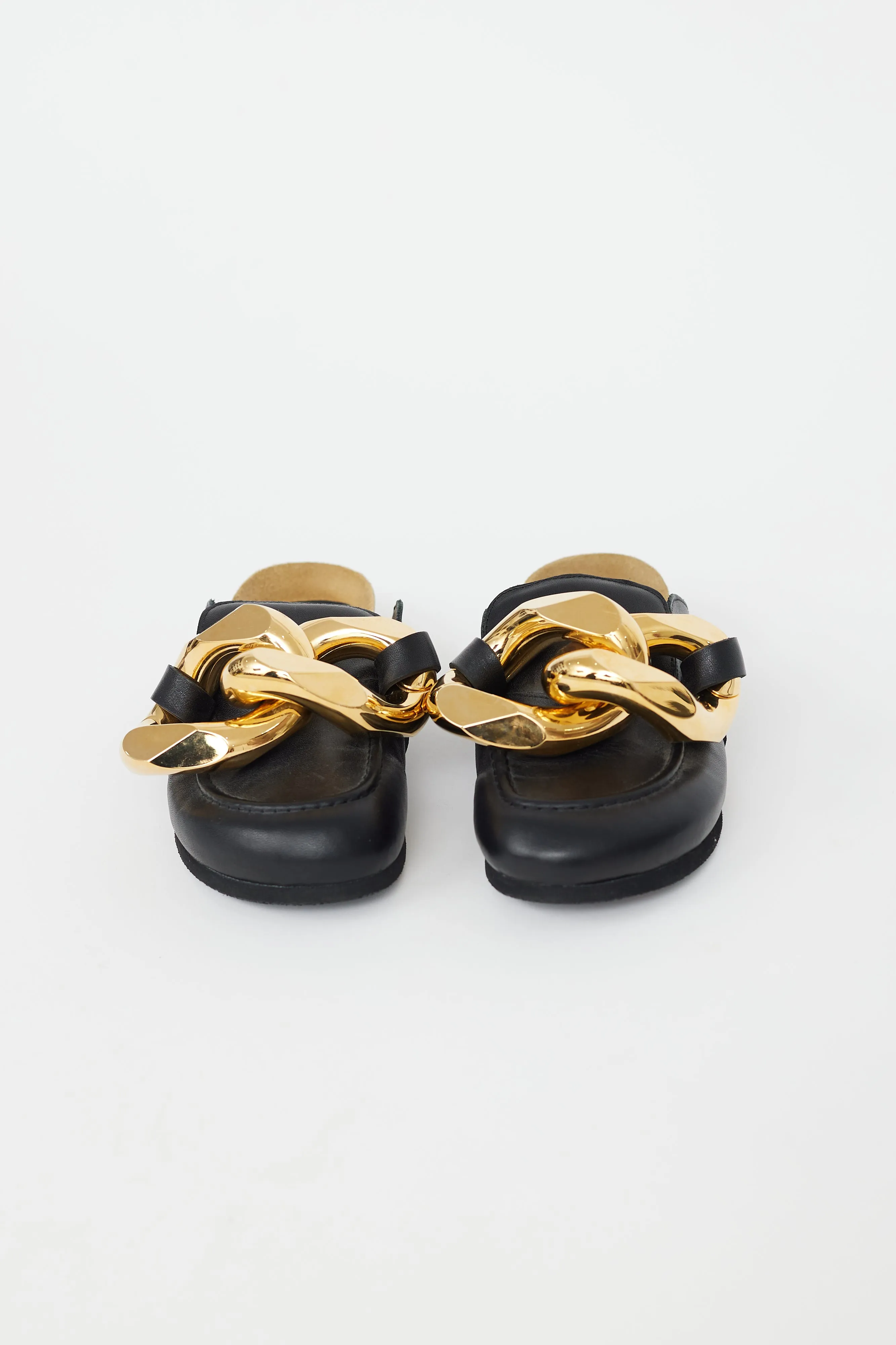 Black Leather & Gold Chain Mule