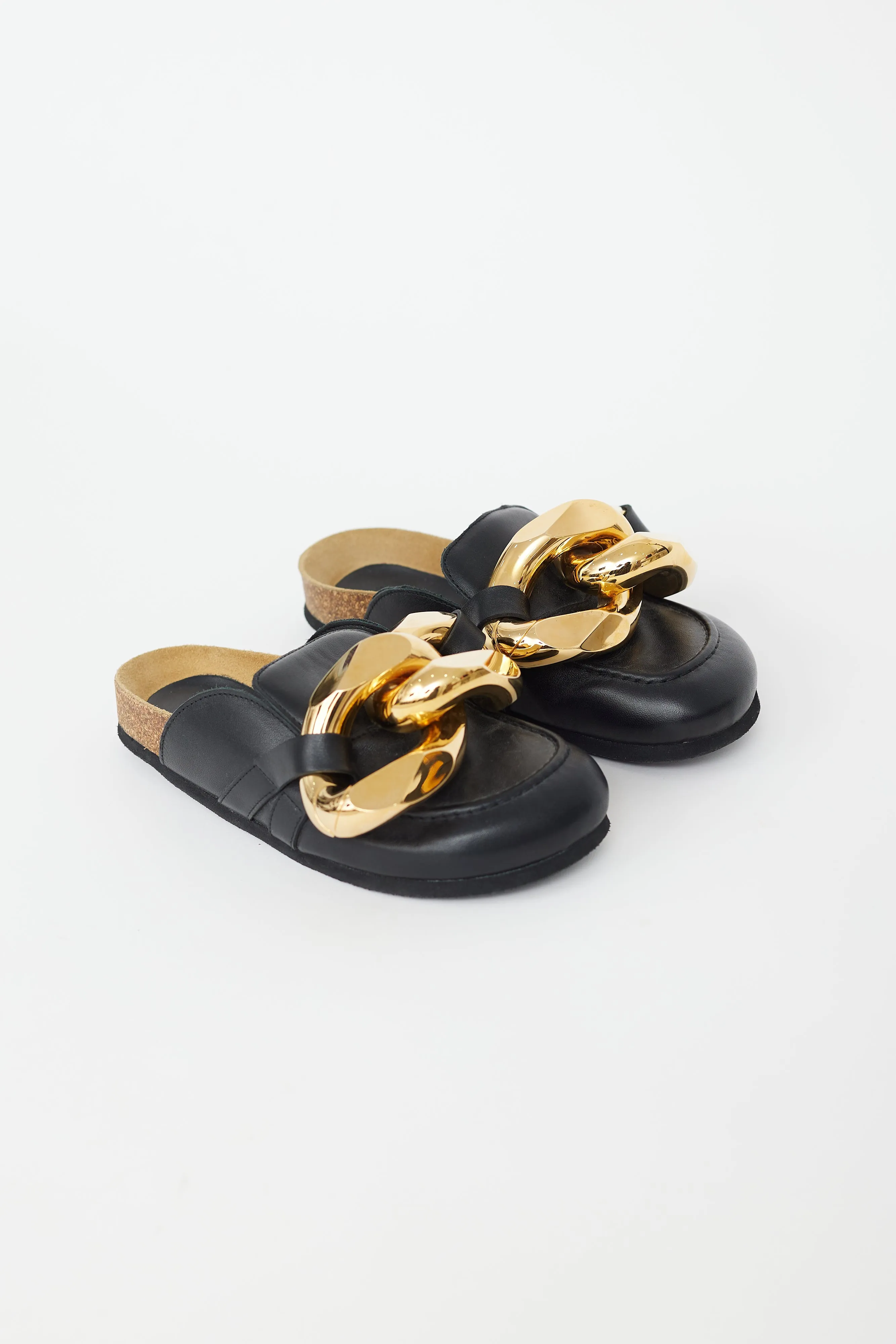 Black Leather & Gold Chain Mule