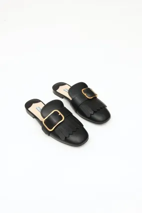 Black Leather Buckle Mule