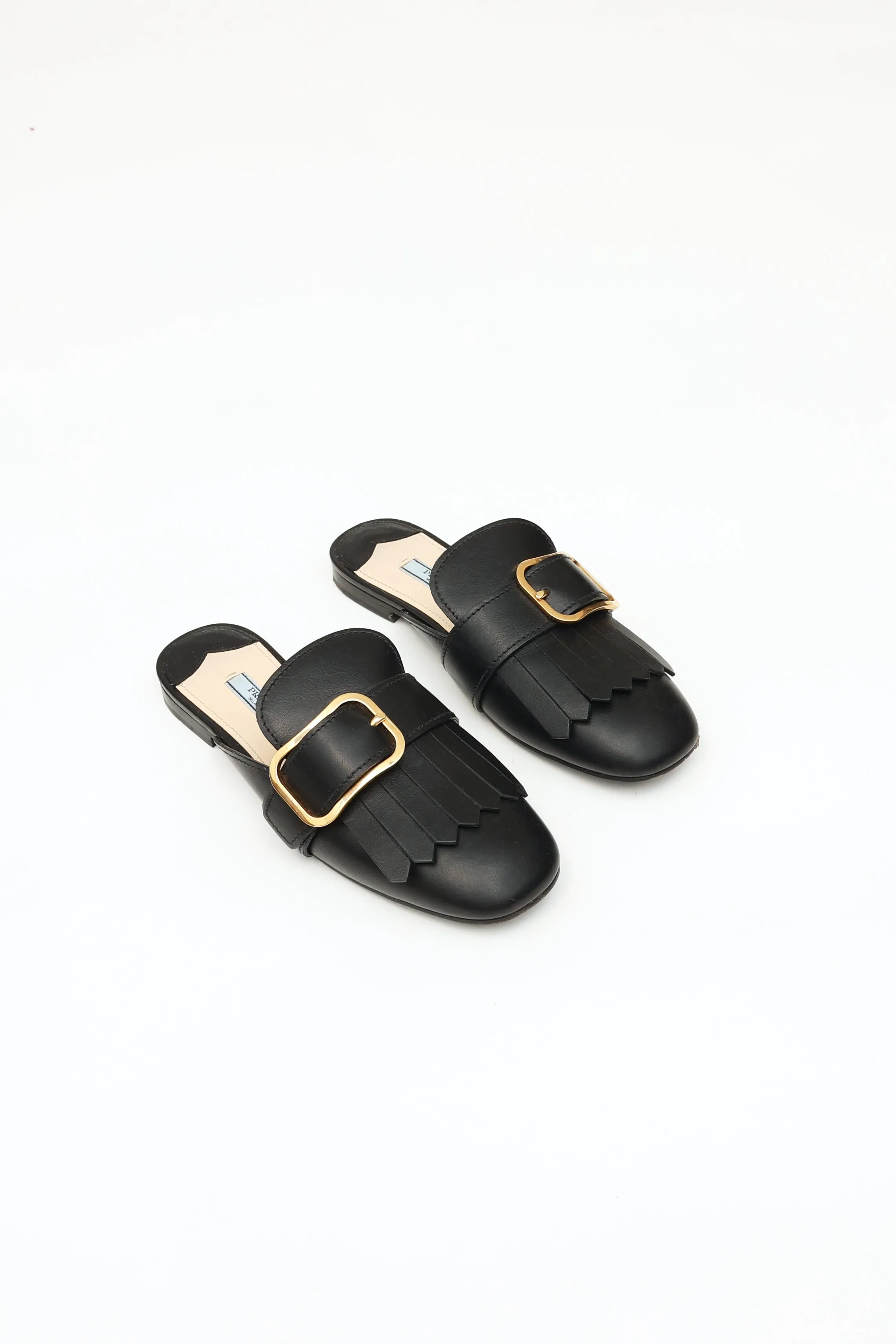 Black Leather Buckle Mule
