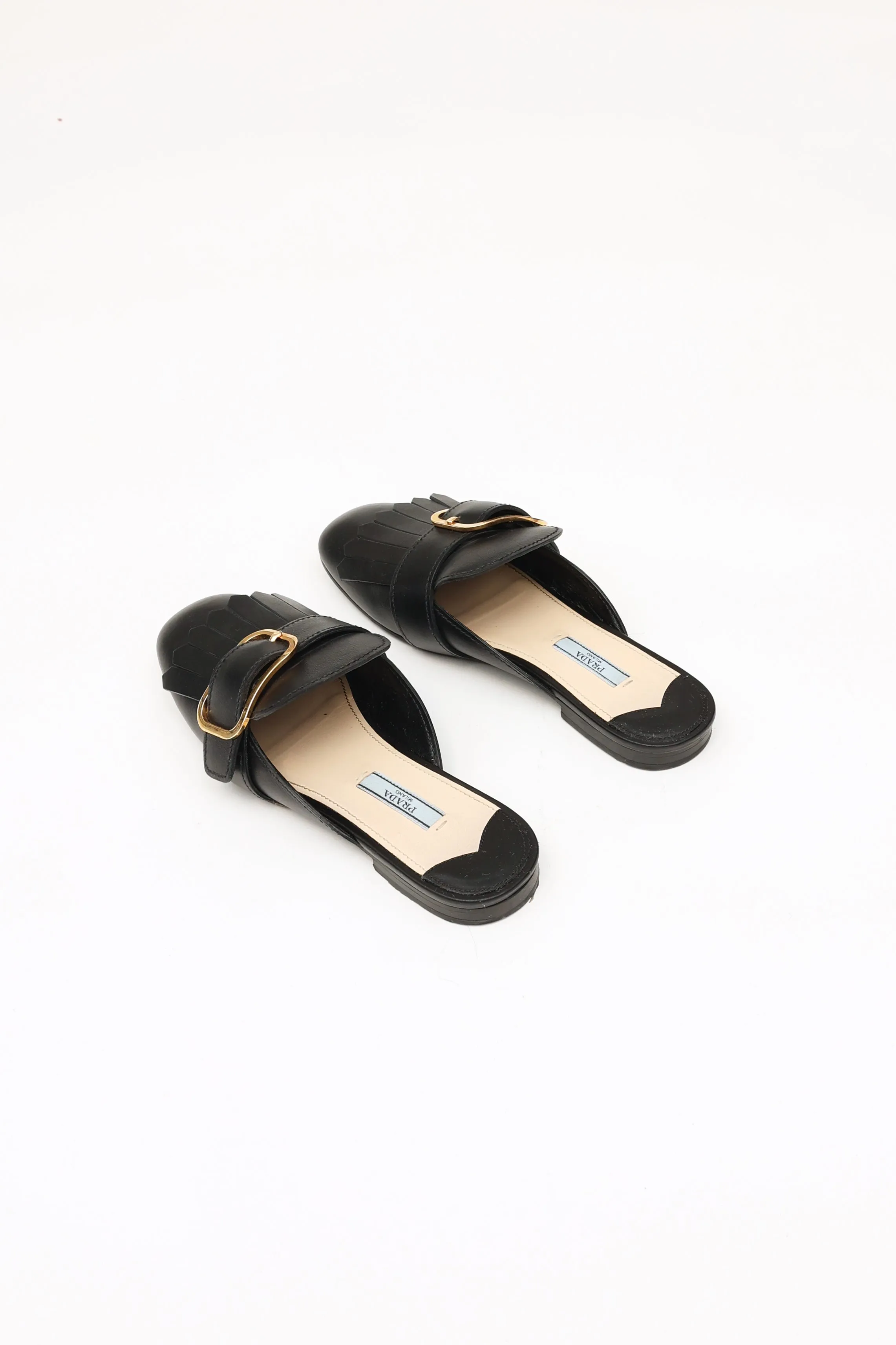 Black Leather Buckle Mule