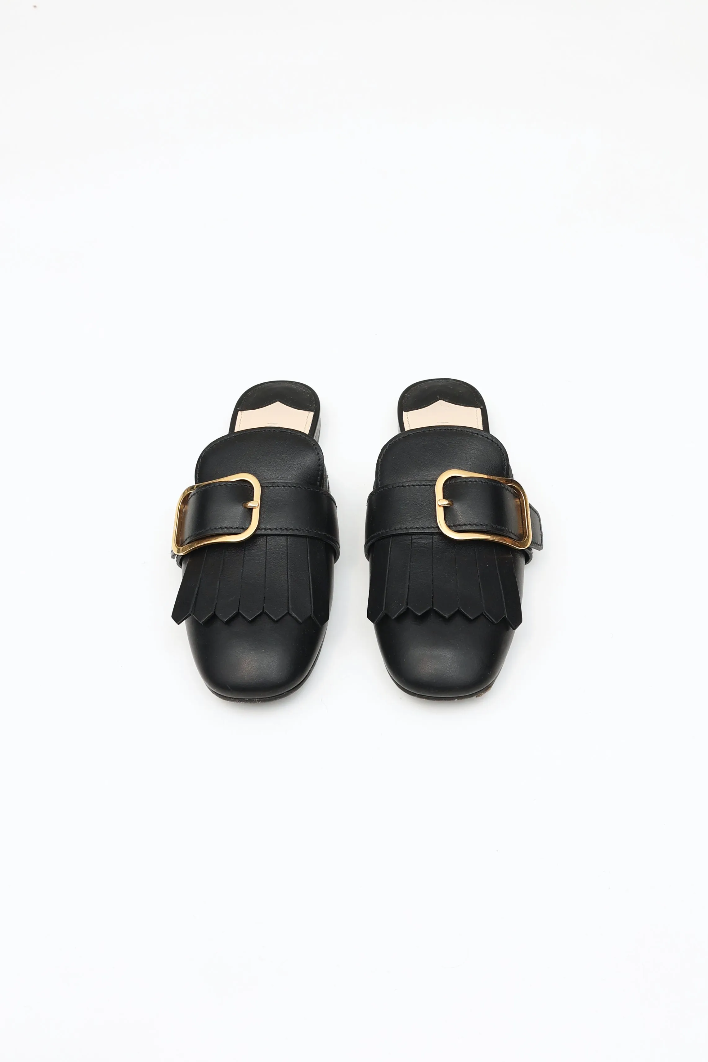 Black Leather Buckle Mule