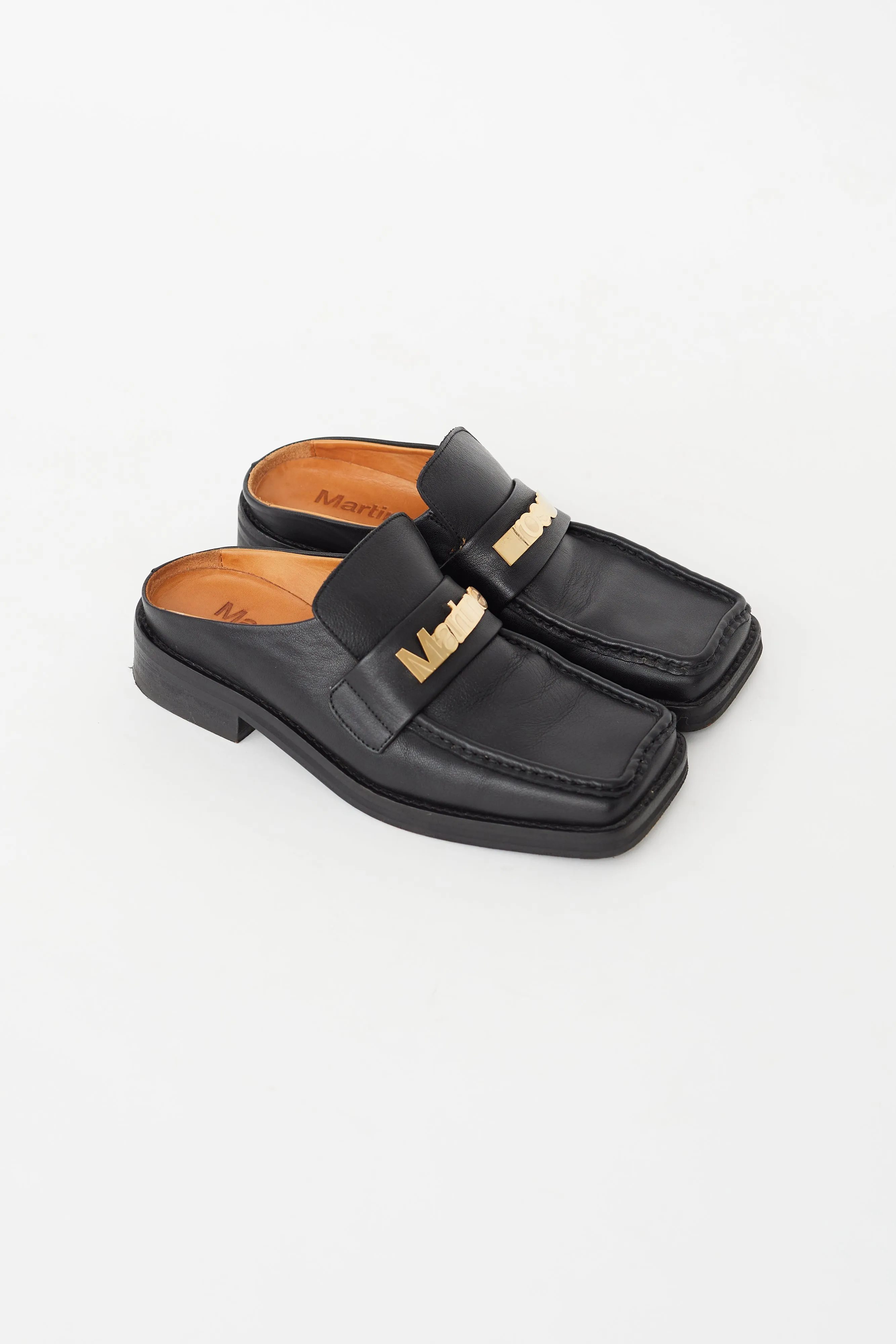 Black Leather Logo Square Toe Mule