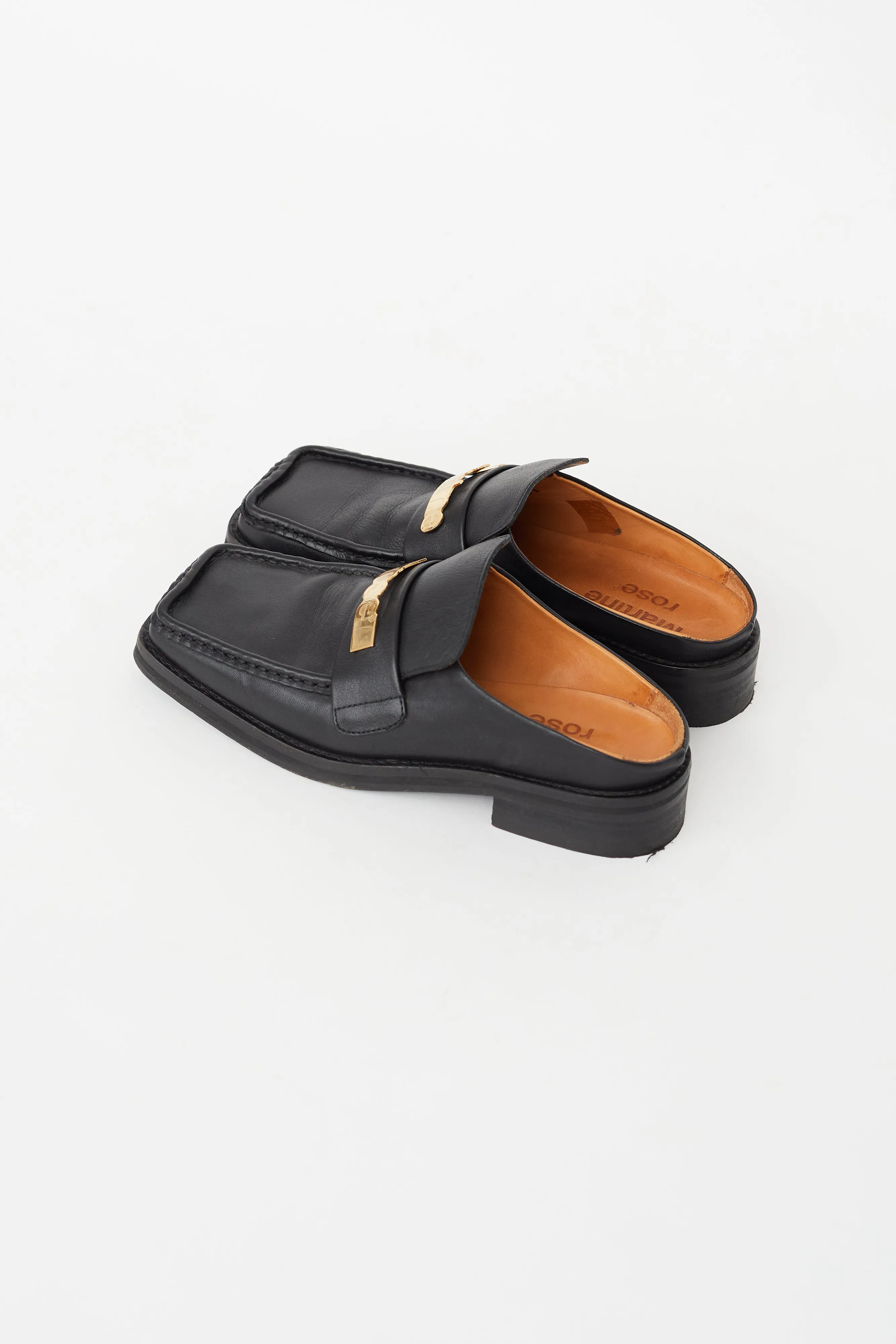 Black Leather Logo Square Toe Mule