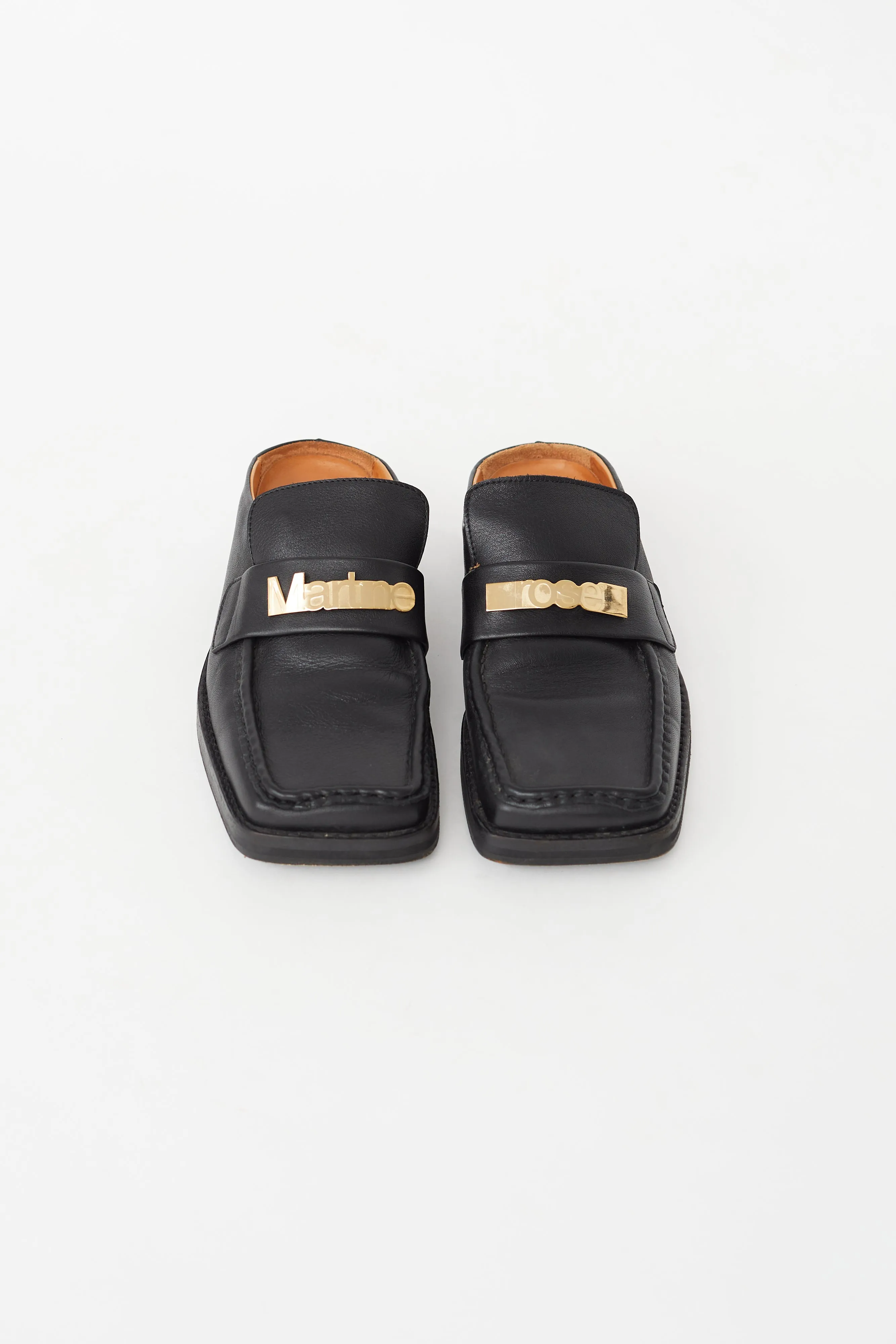 Black Leather Logo Square Toe Mule