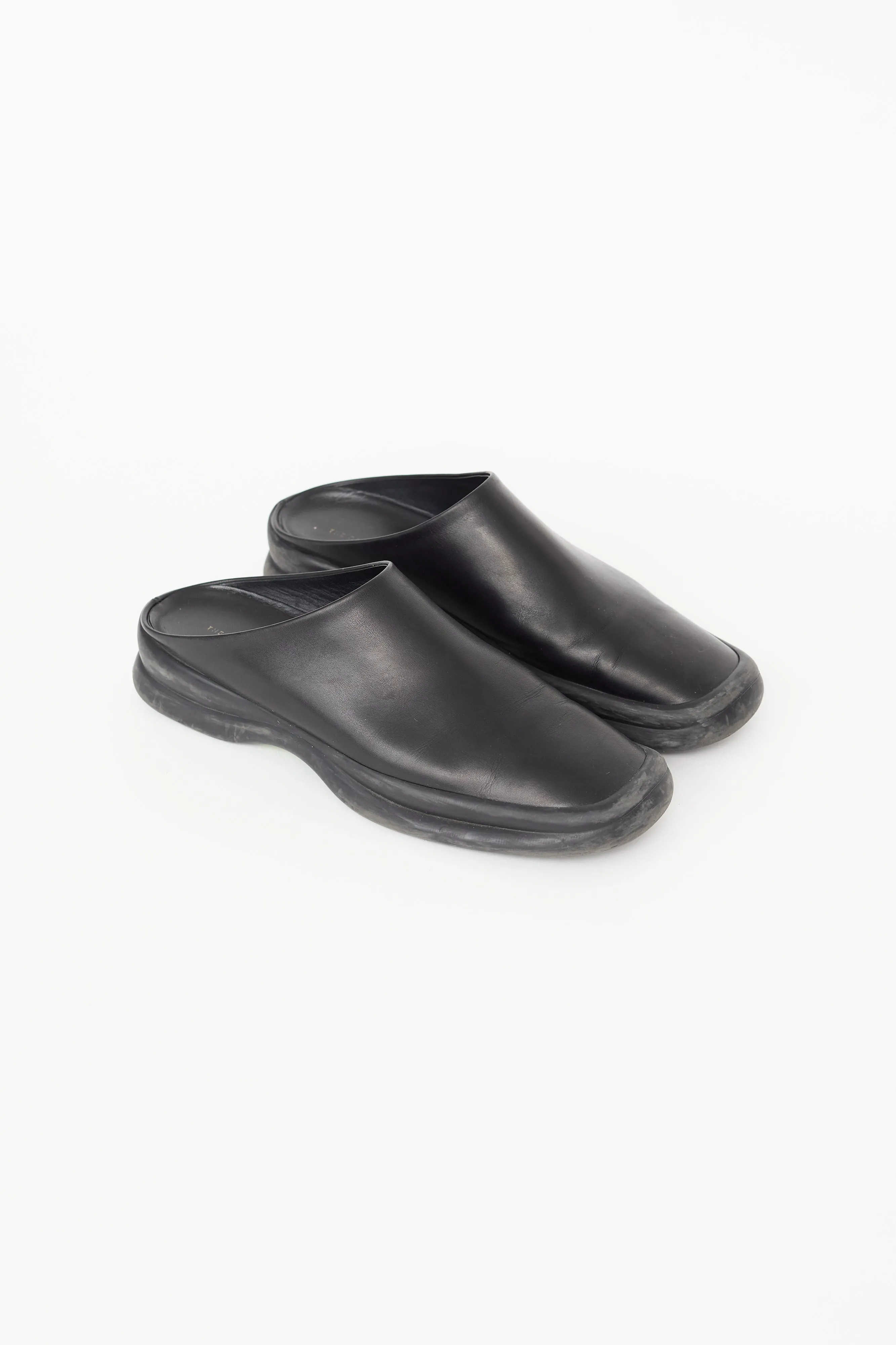 Black Leather Square Toe Mule