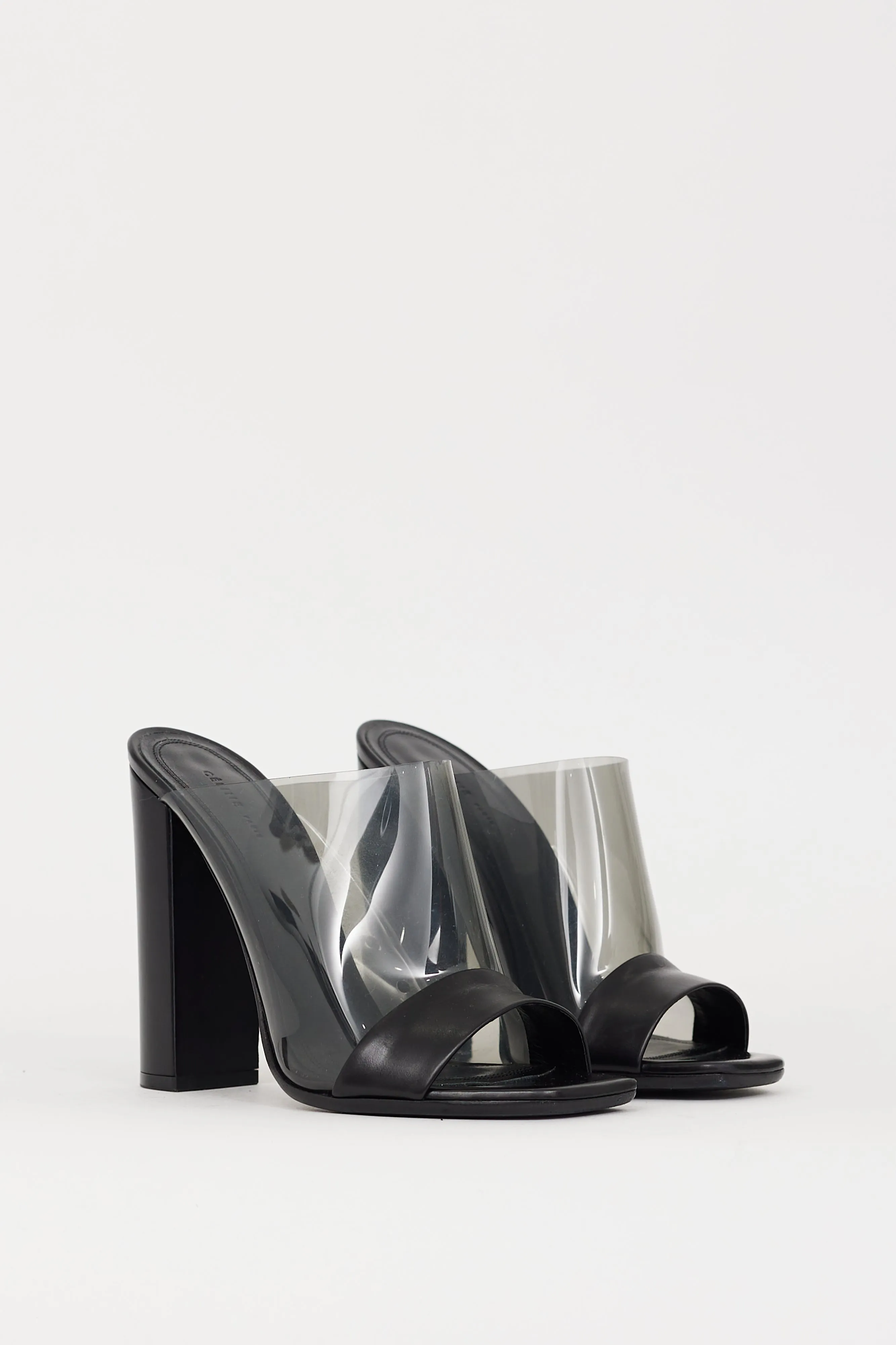 Black PVC & Leather Heeled Mule