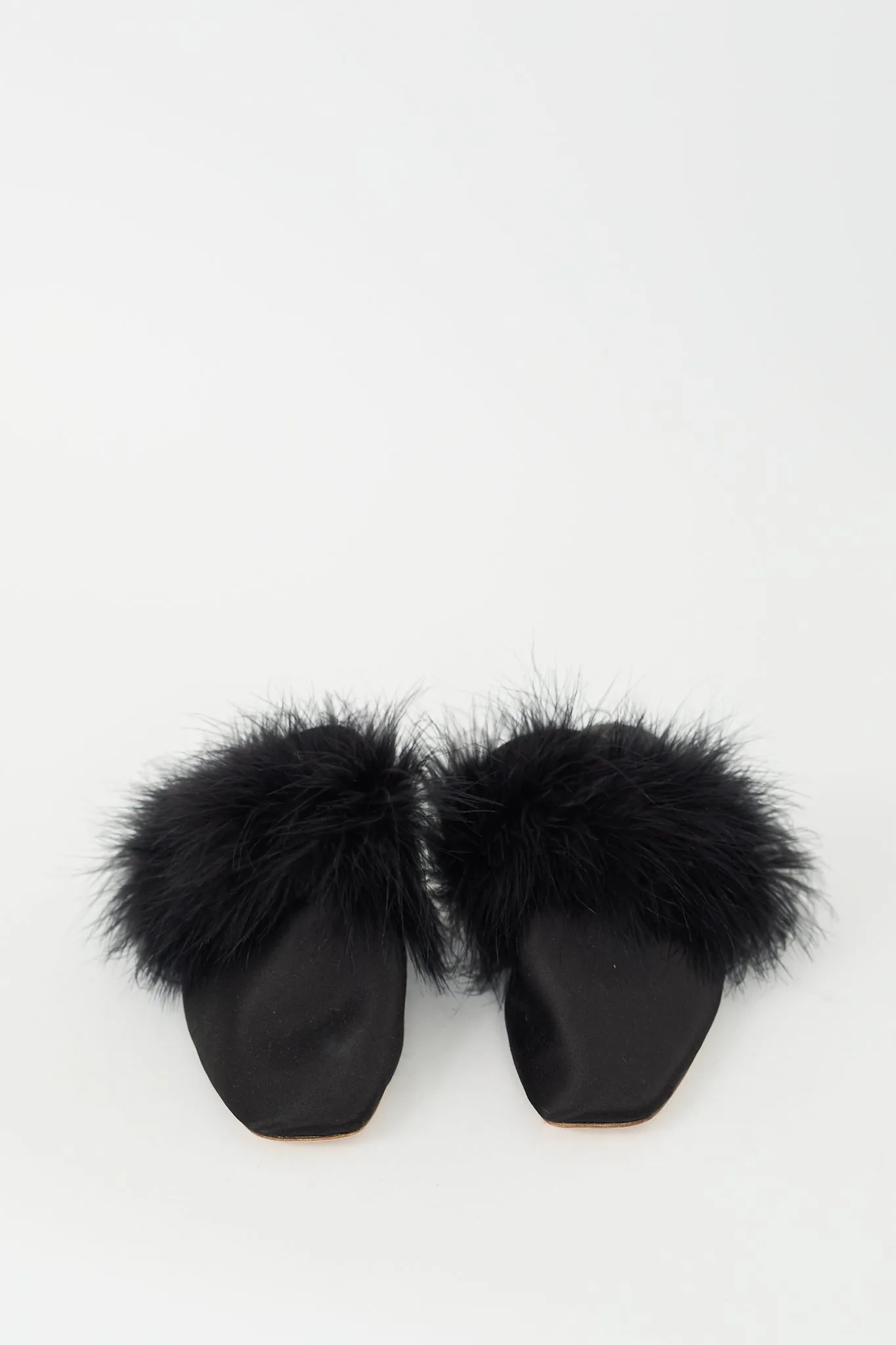 Black Satin Feather Trim Manon Mule