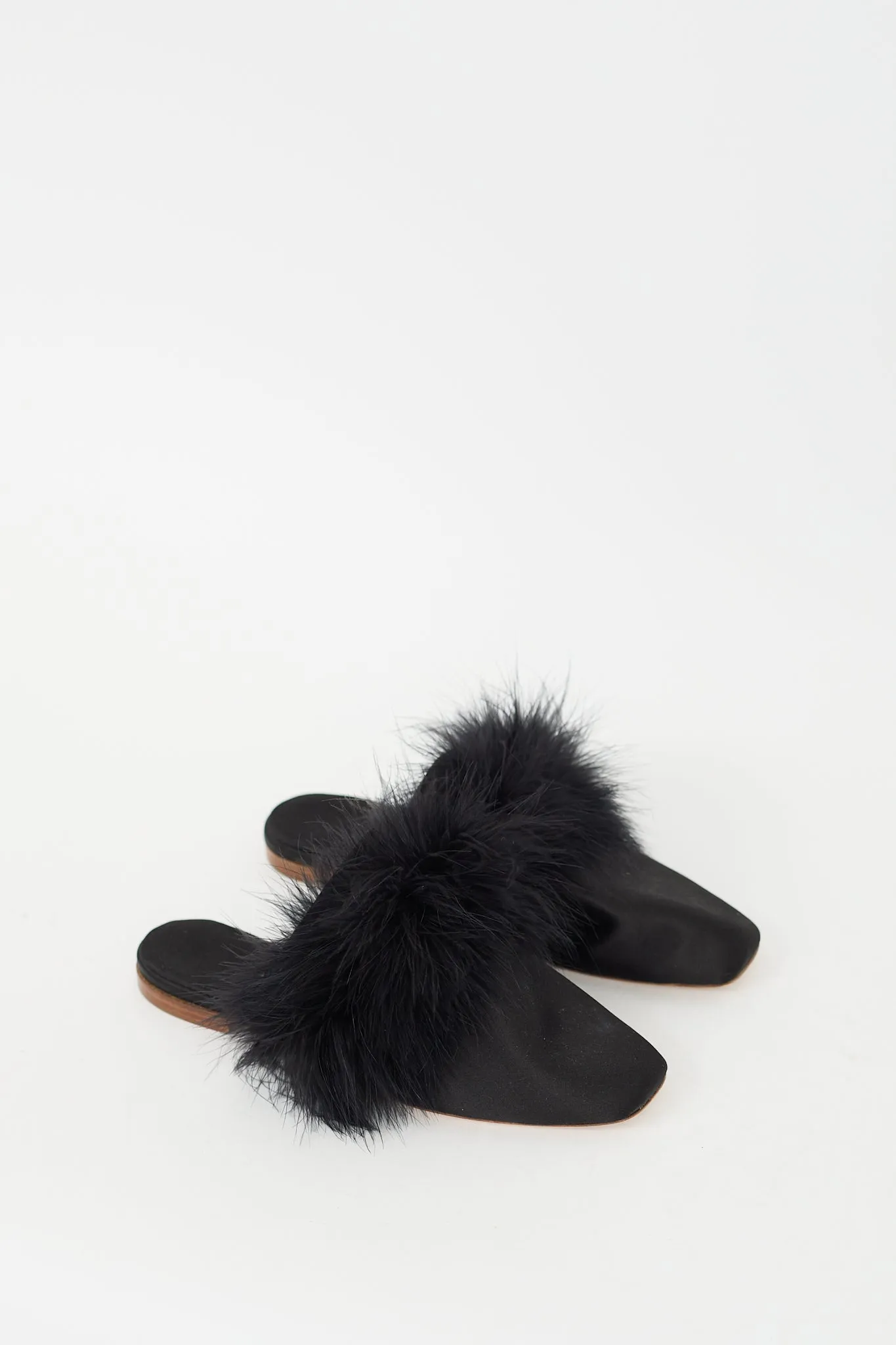 Black Satin Feather Trim Manon Mule