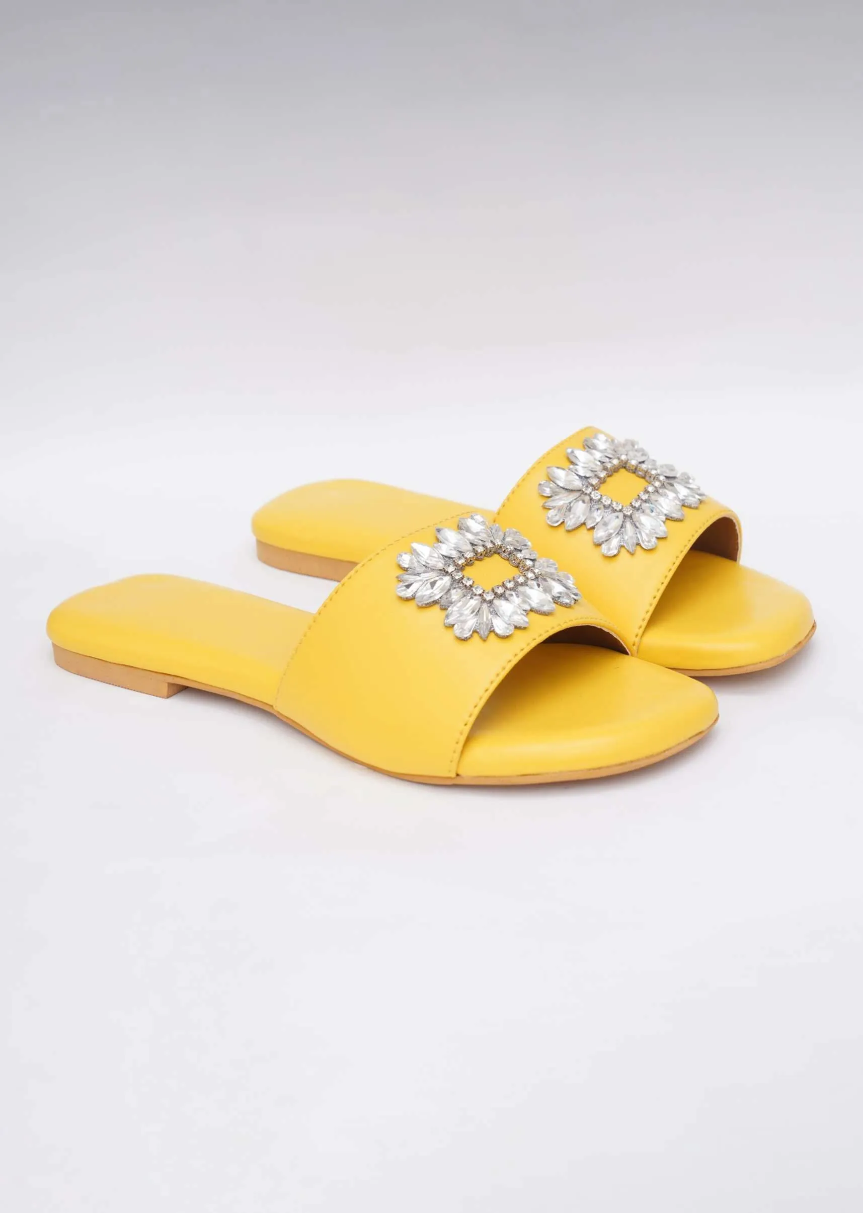 Canary Yellow Festive Brooch Flats In Soft Faux Leather