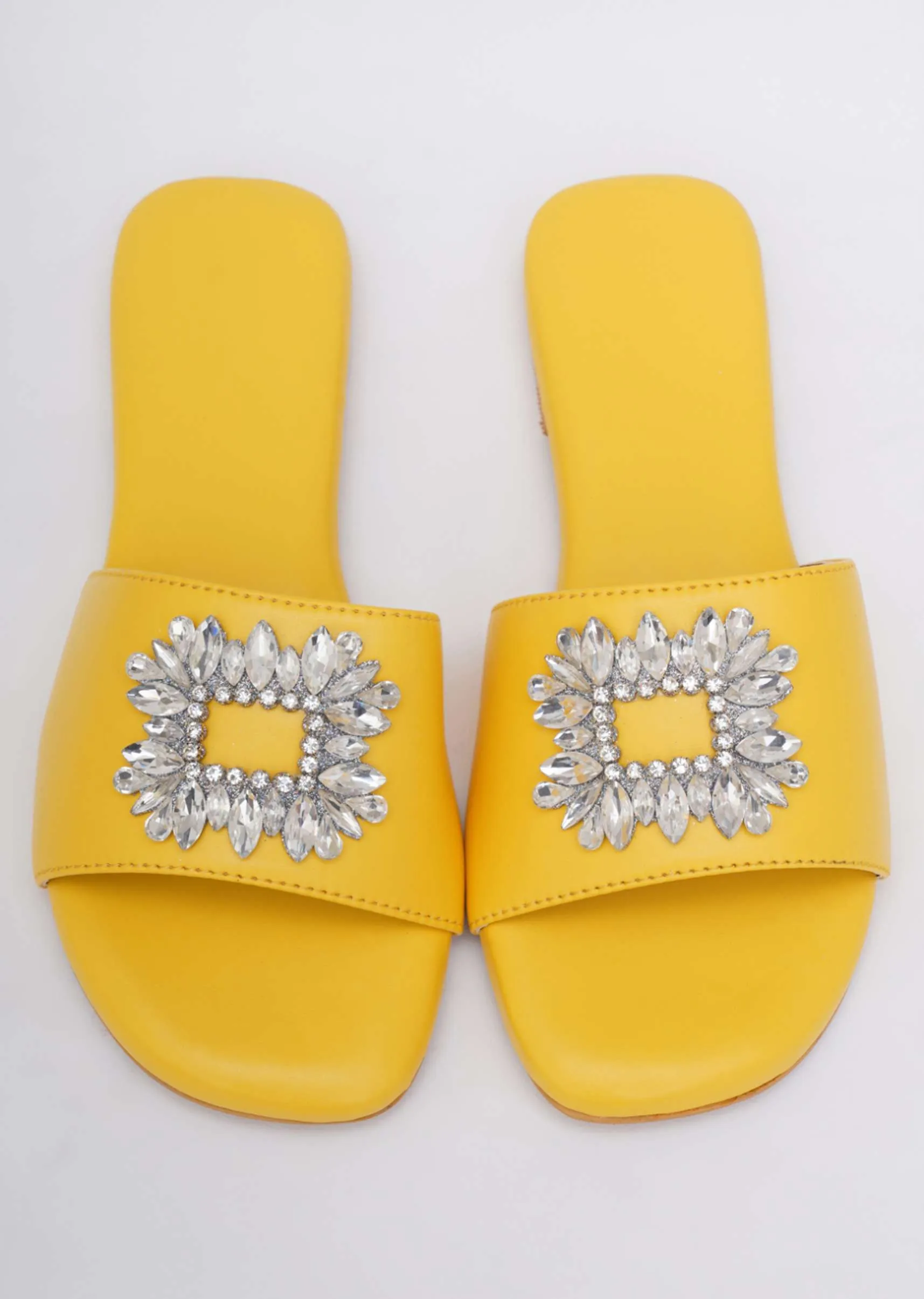 Canary Yellow Festive Brooch Flats In Soft Faux Leather