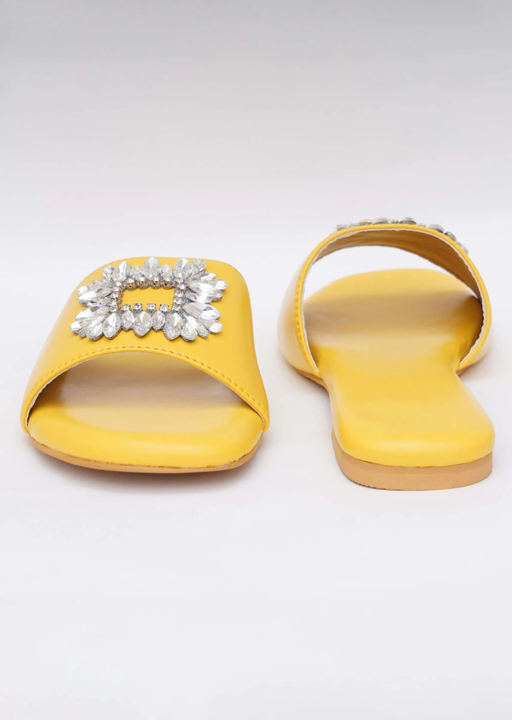 Canary Yellow Festive Brooch Flats In Soft Faux Leather