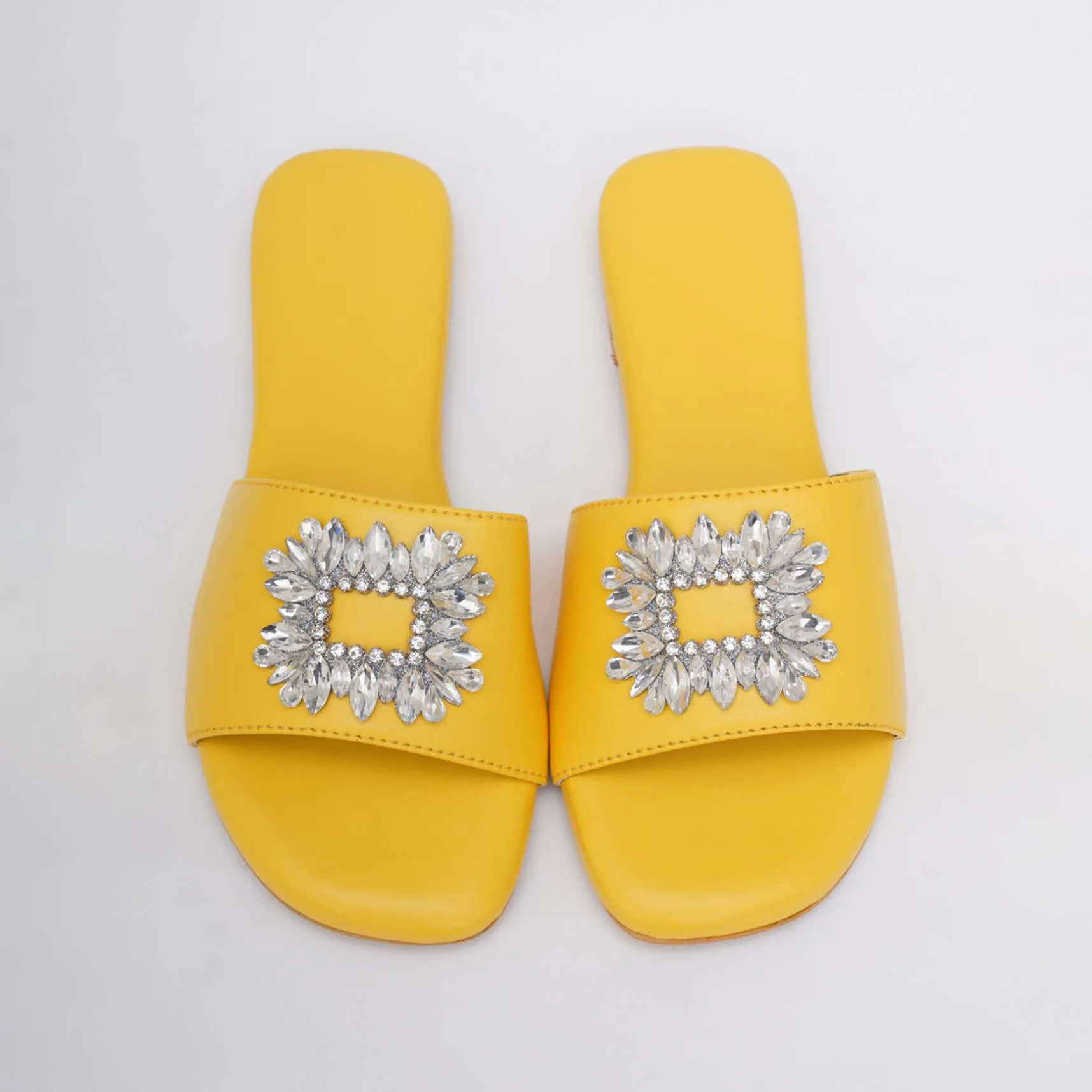 Canary Yellow Festive Brooch Flats In Soft Faux Leather