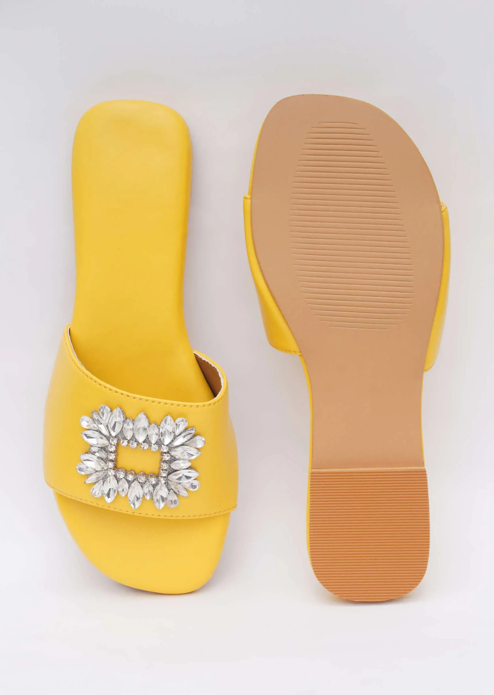 Canary Yellow Festive Brooch Flats In Soft Faux Leather