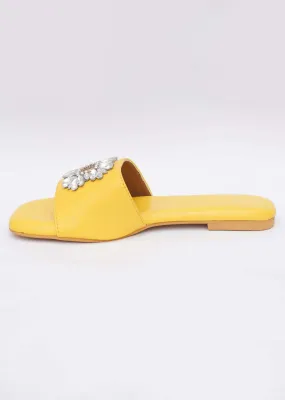 Canary Yellow Festive Brooch Flats In Soft Faux Leather