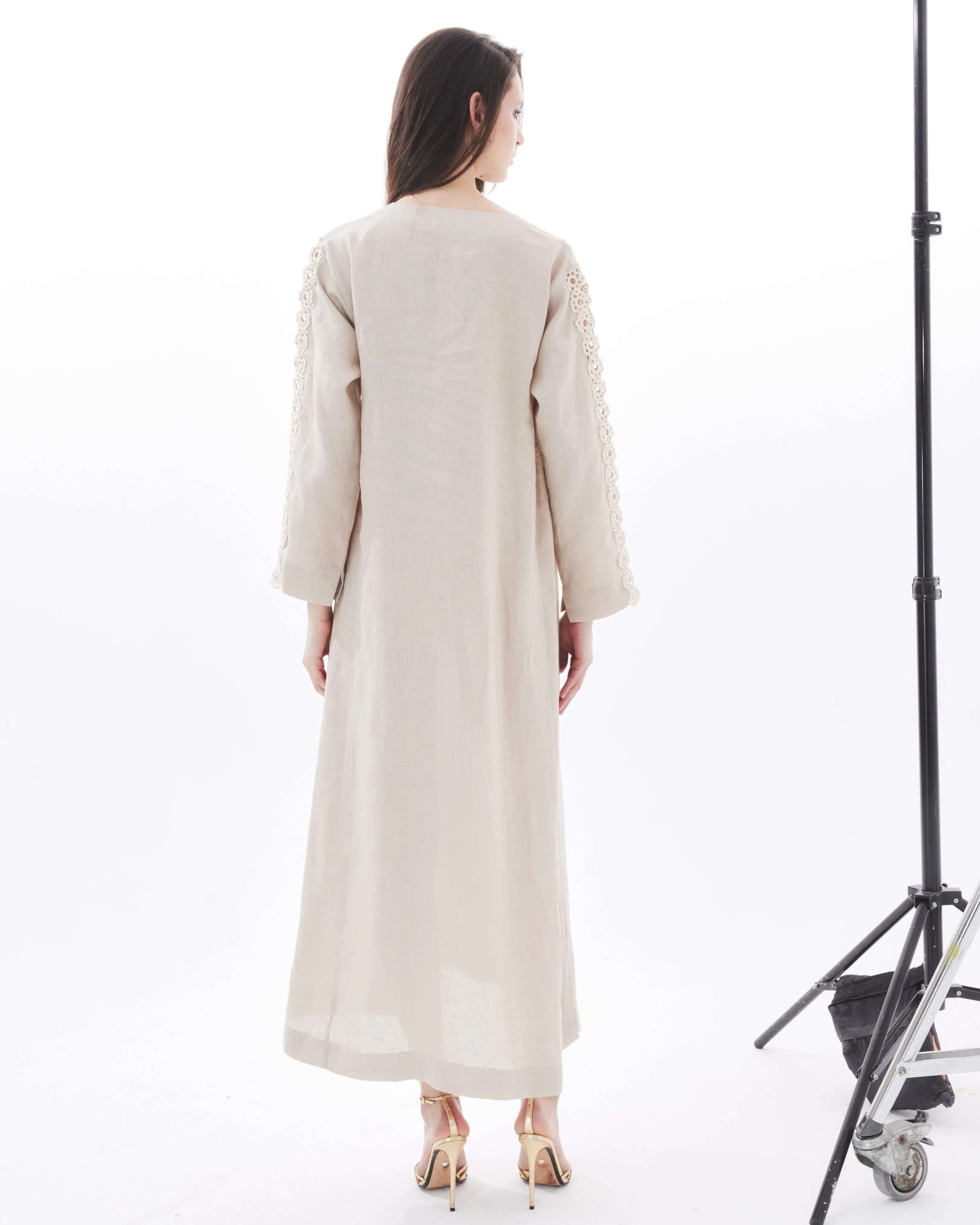 CROCHET SLEEVES ON BEIGE AMAL DRESS