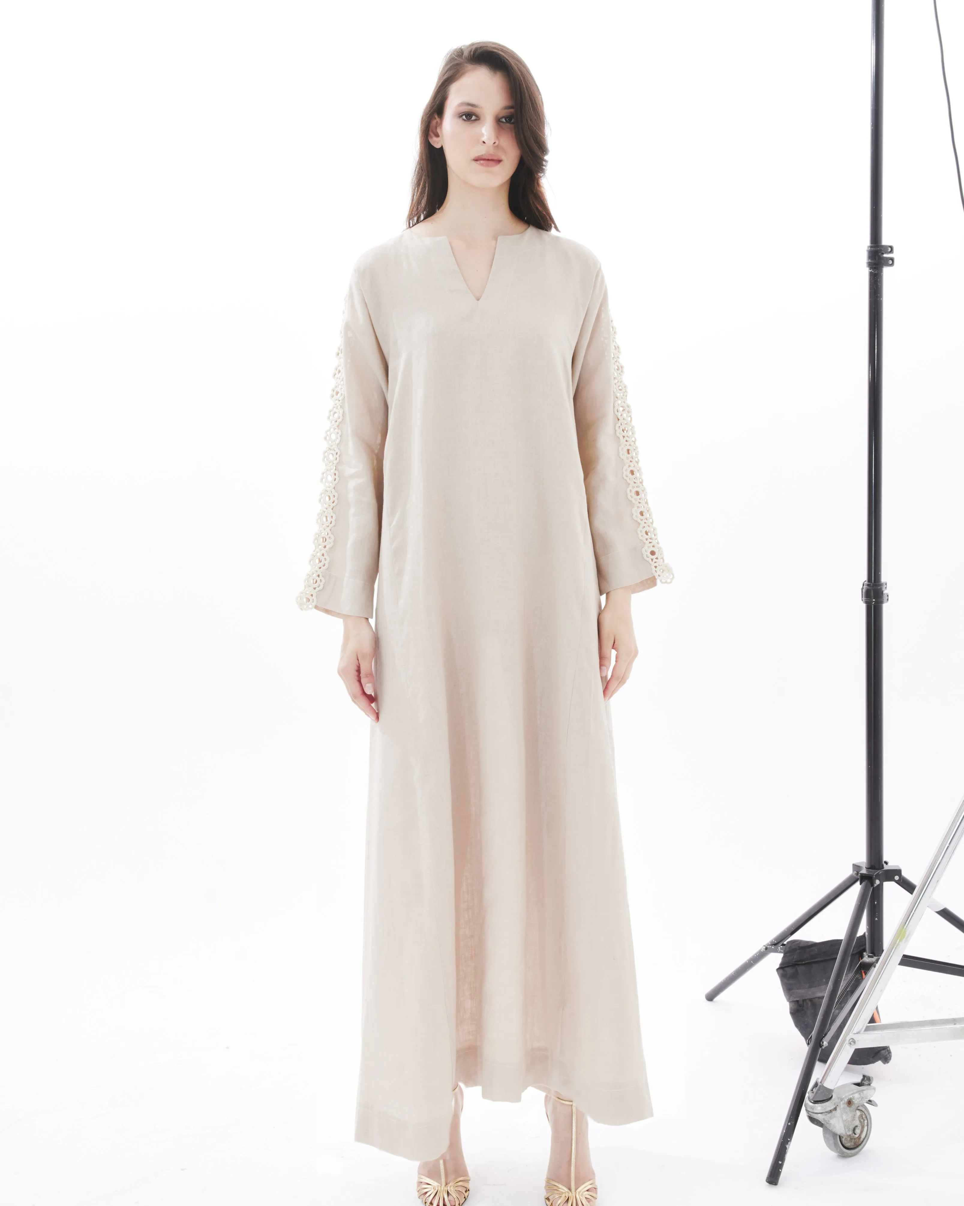 CROCHET SLEEVES ON BEIGE AMAL DRESS