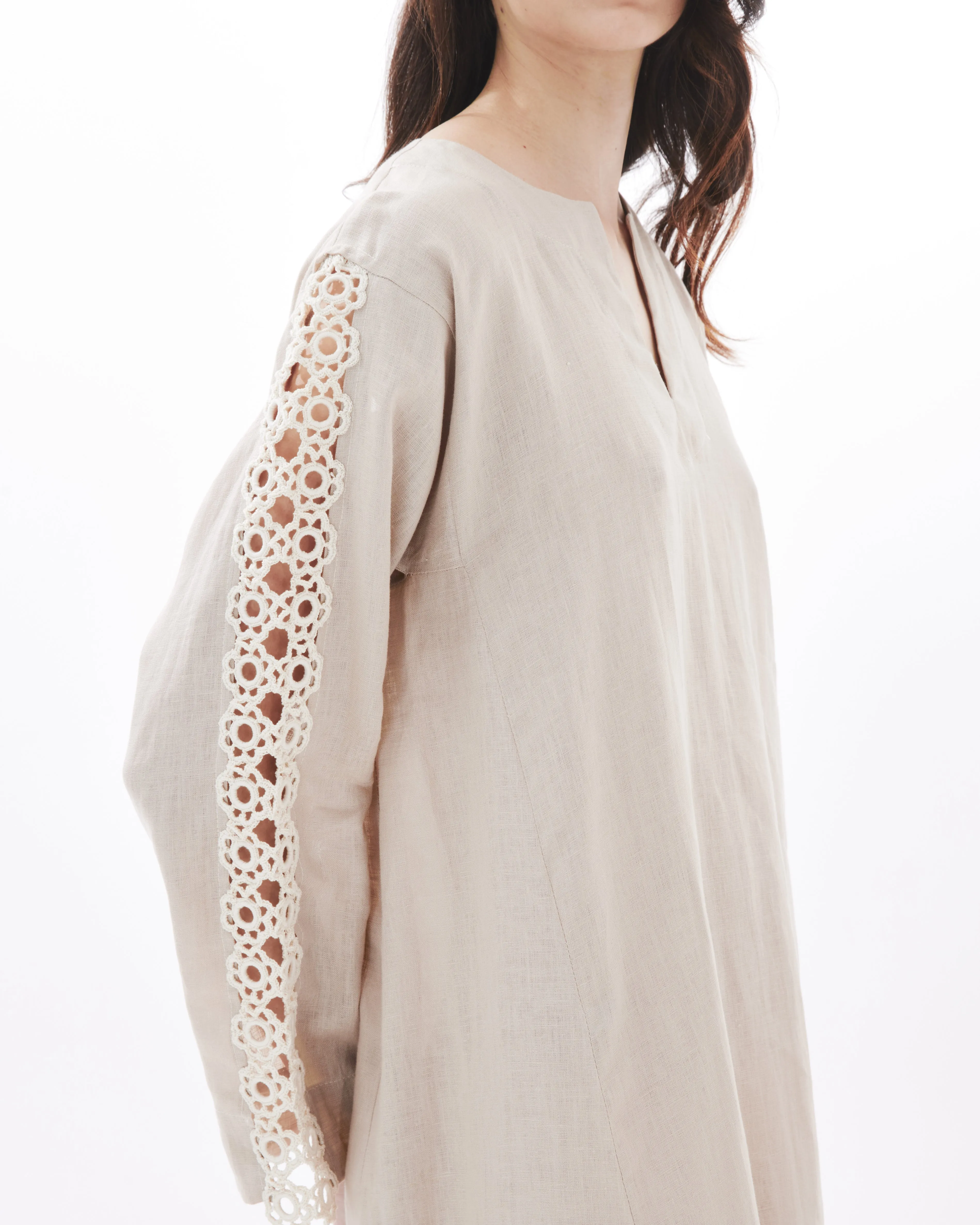 CROCHET SLEEVES ON BEIGE AMAL DRESS