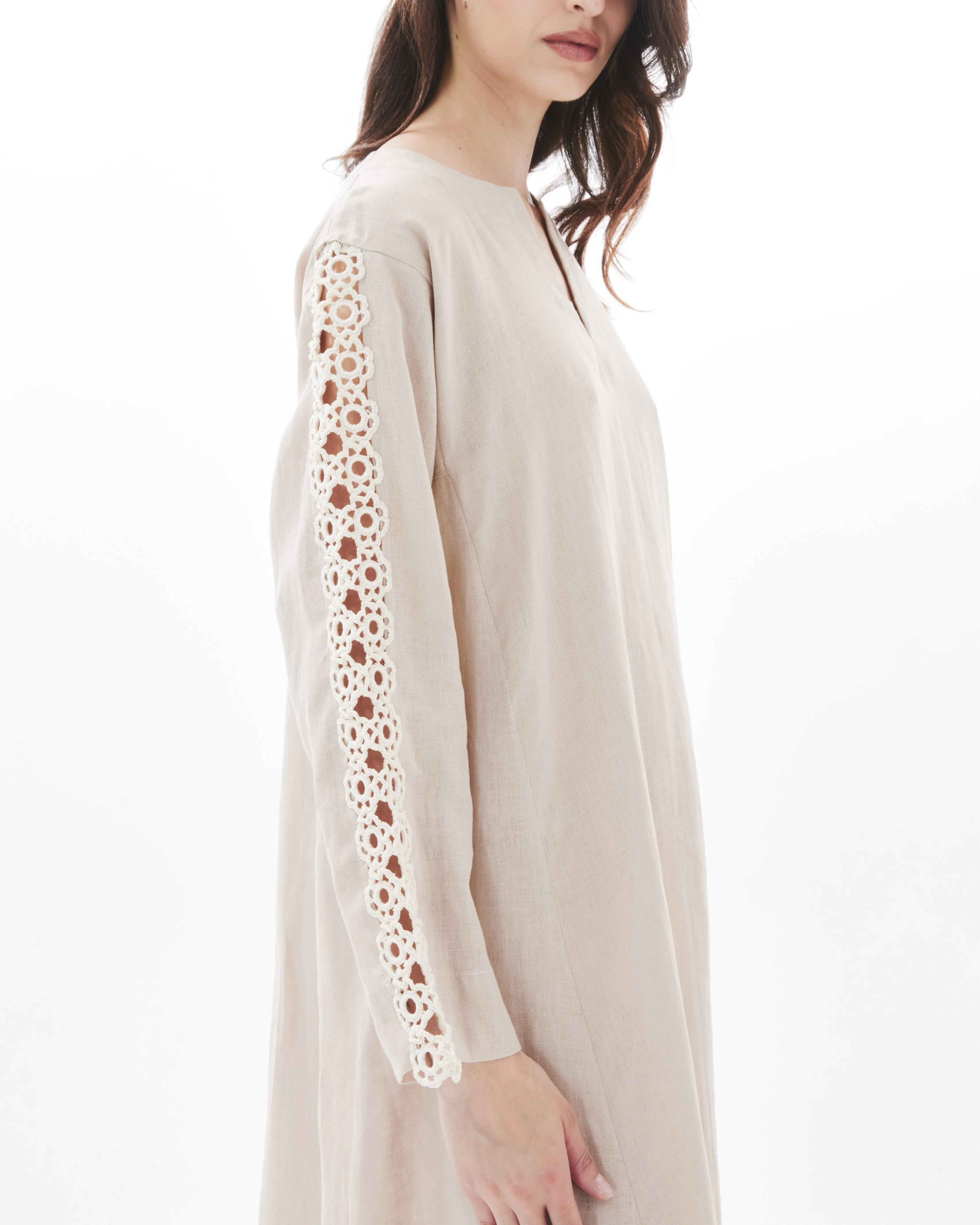 CROCHET SLEEVES ON BEIGE AMAL DRESS