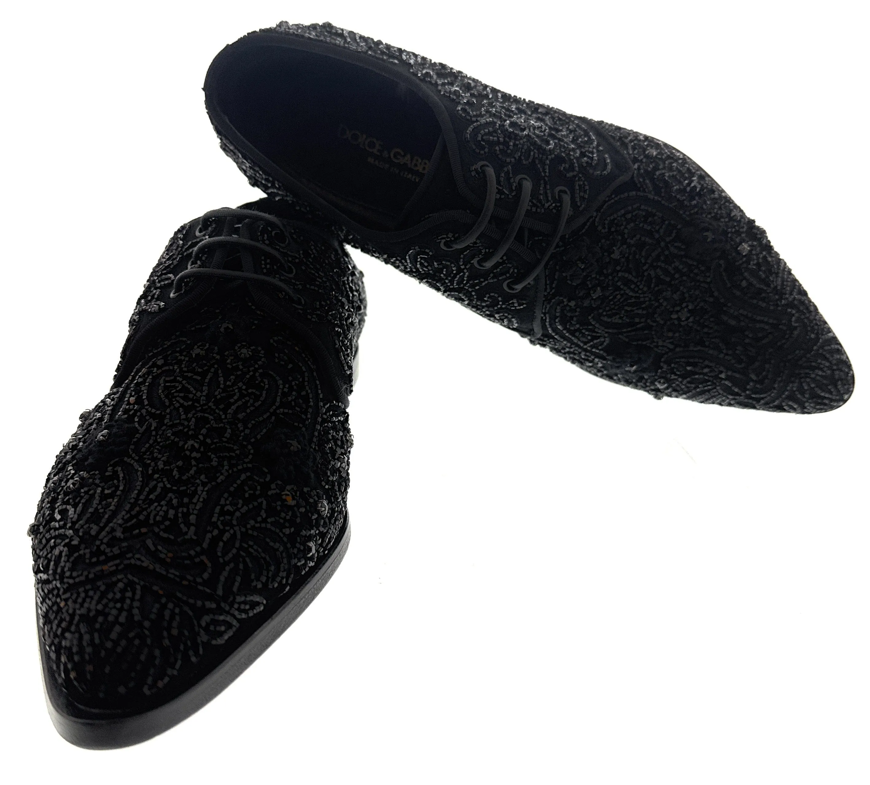 Dolce & Gabbana Men's Black Beaded Velvet Lace-Up Formal Shoes-EU40