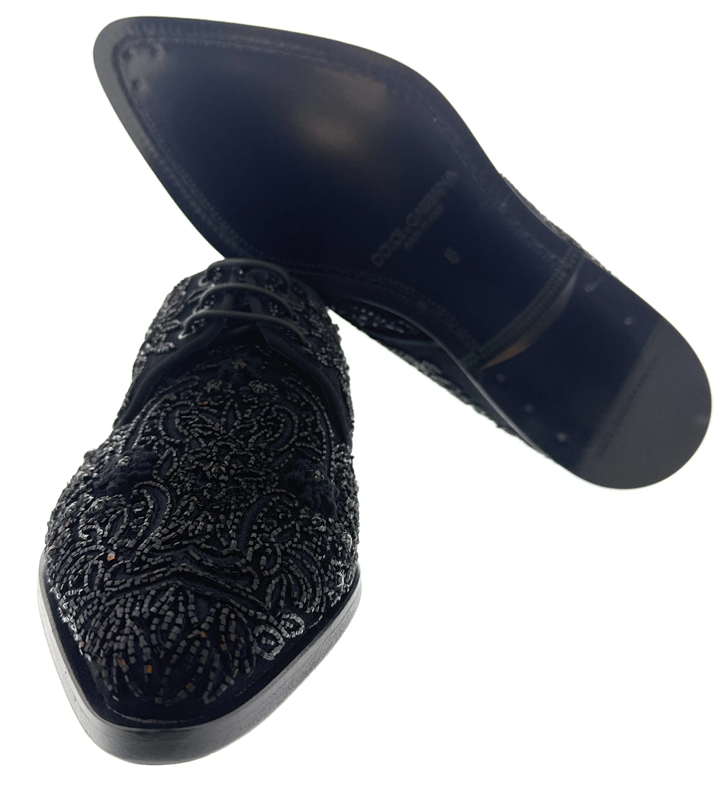 Dolce & Gabbana Men's Black Beaded Velvet Lace-Up Formal Shoes-EU40