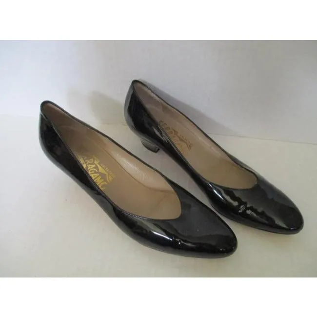 Salvatore Ferragamo Black Patent Leather Rounded Flats Size Us
