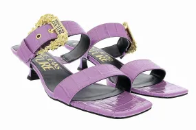 Versace Jeans Couture Lavender Kitten Heel Strappy Baroque Buckle Mules