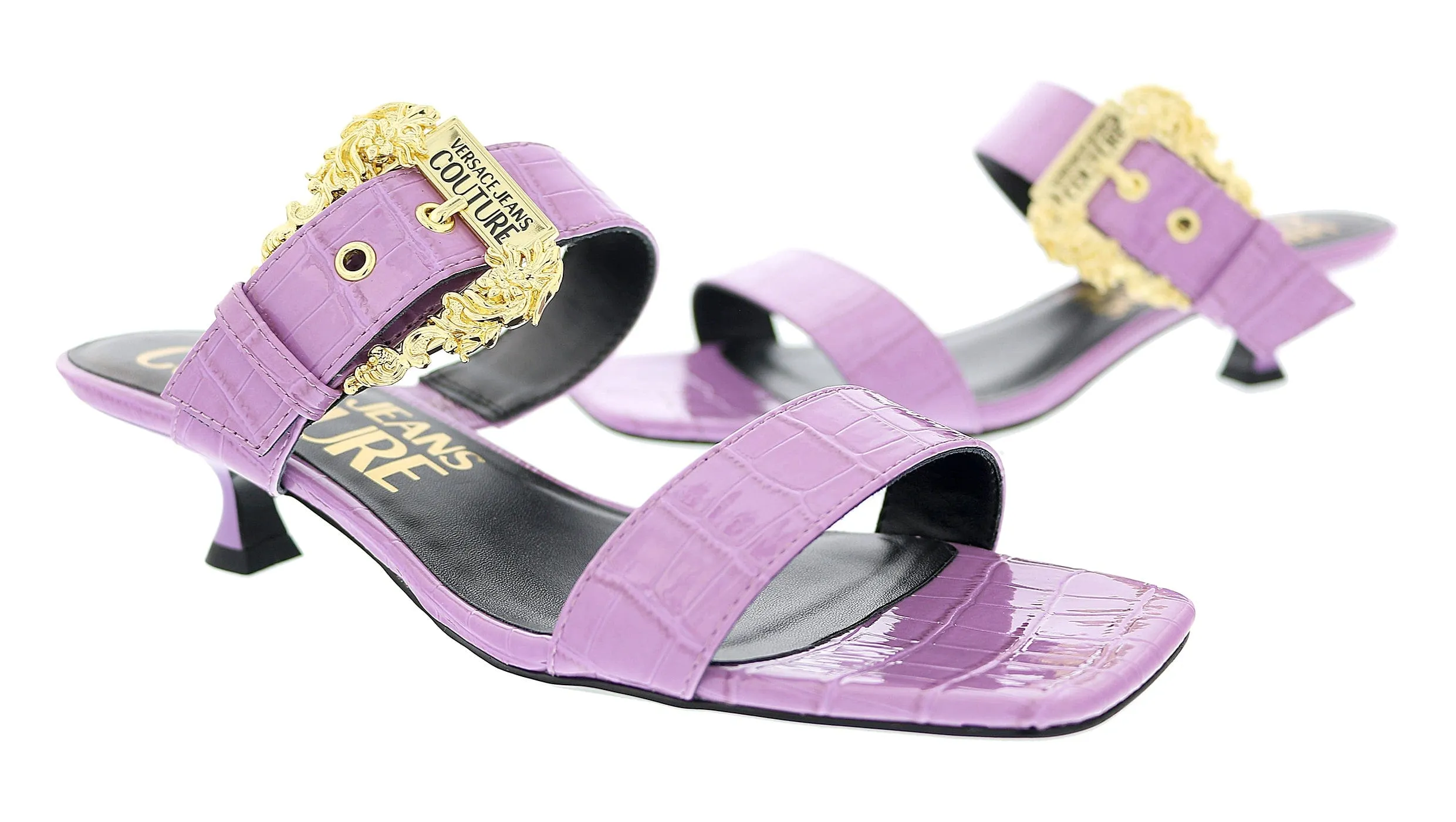 Versace Jeans Couture Lavender Kitten Heel Strappy Baroque Buckle Mules