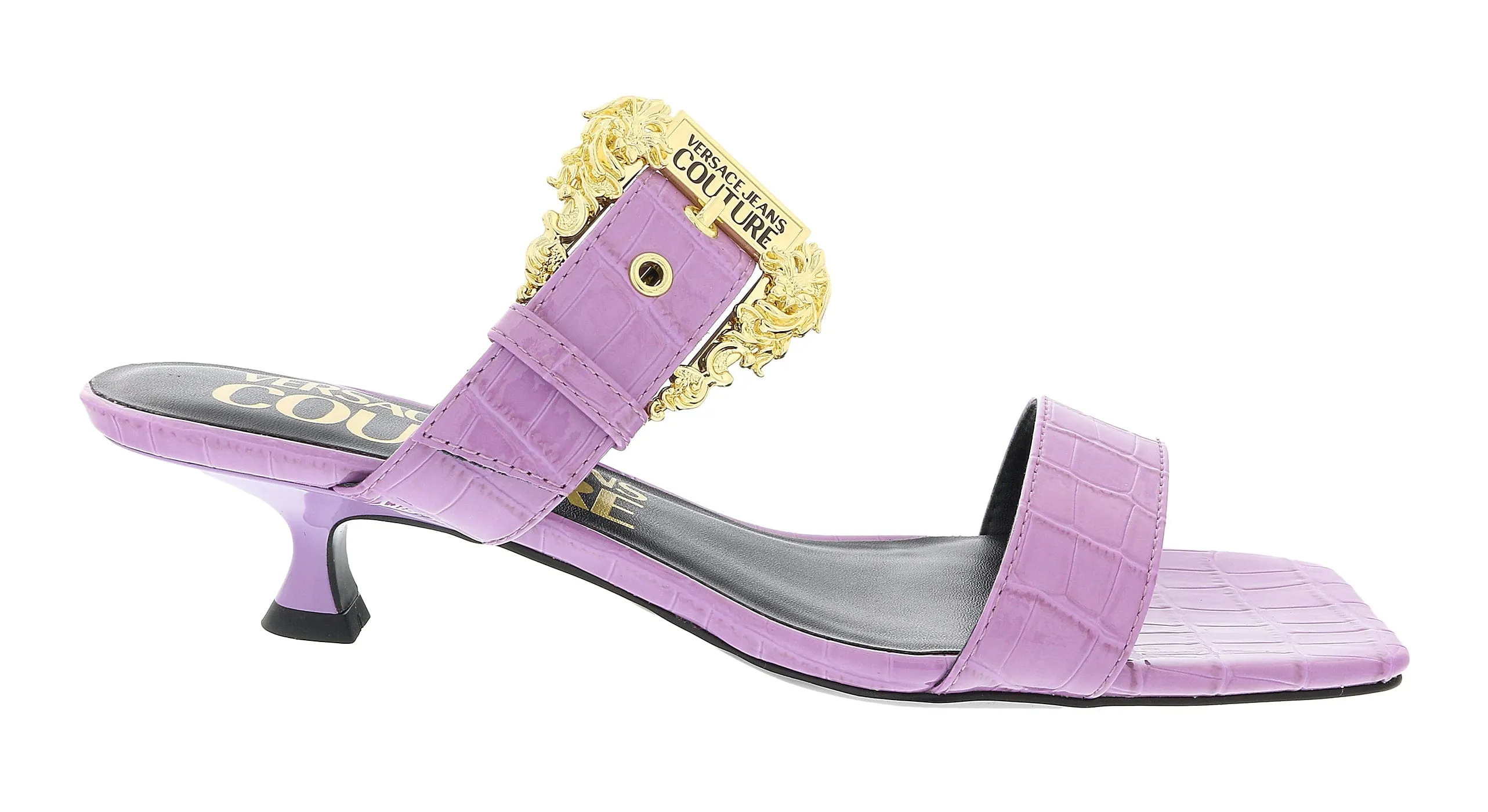 Versace Jeans Couture Lavender Kitten Heel Strappy Baroque Buckle Mules