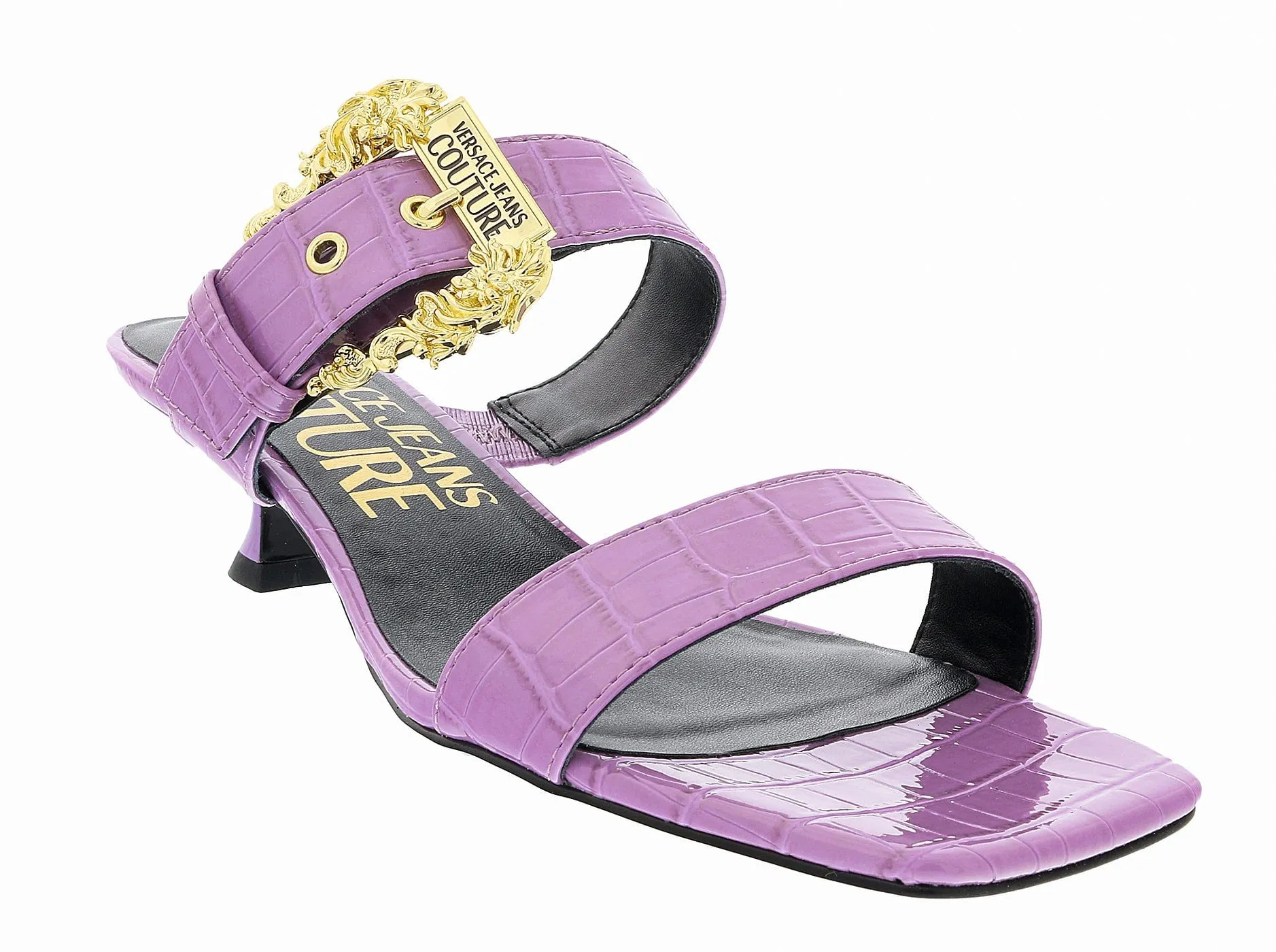 Versace Jeans Couture Lavender Kitten Heel Strappy Baroque Buckle Mules